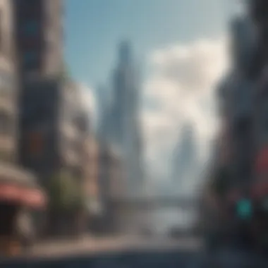 Surreal Futuristic Cityscape in Anime-Style Game Futuristic cityscape featured in an anime-style gaming world