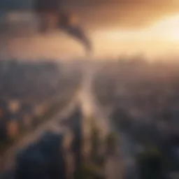 Asthma inhaler in front of a polluted cityscape