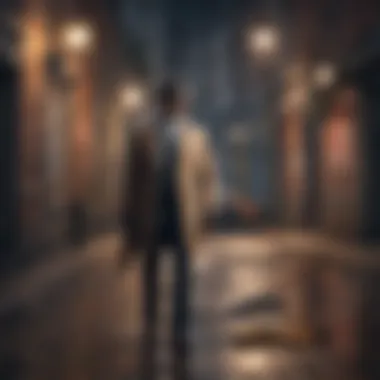 Virtual Detective Work A detective character investigating a crime scene in a virtual game setting.