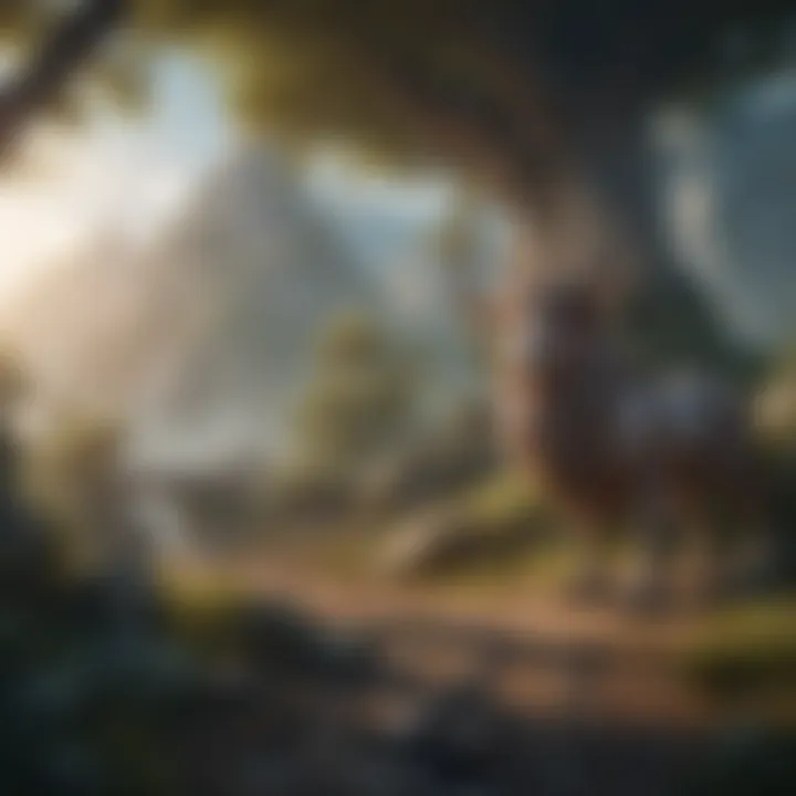 Fantasy realm with mythical creatures and magical landscapes