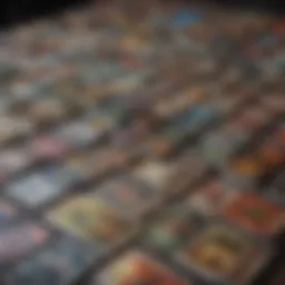 Diverse range of collectible card game cards spread across a table