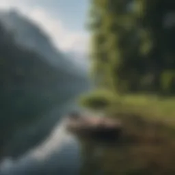 A serene lake setting with a lone fishing boat