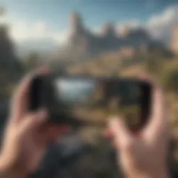 Cross-platform gaming interface showcasing gameplay on both iPhone and Android devices