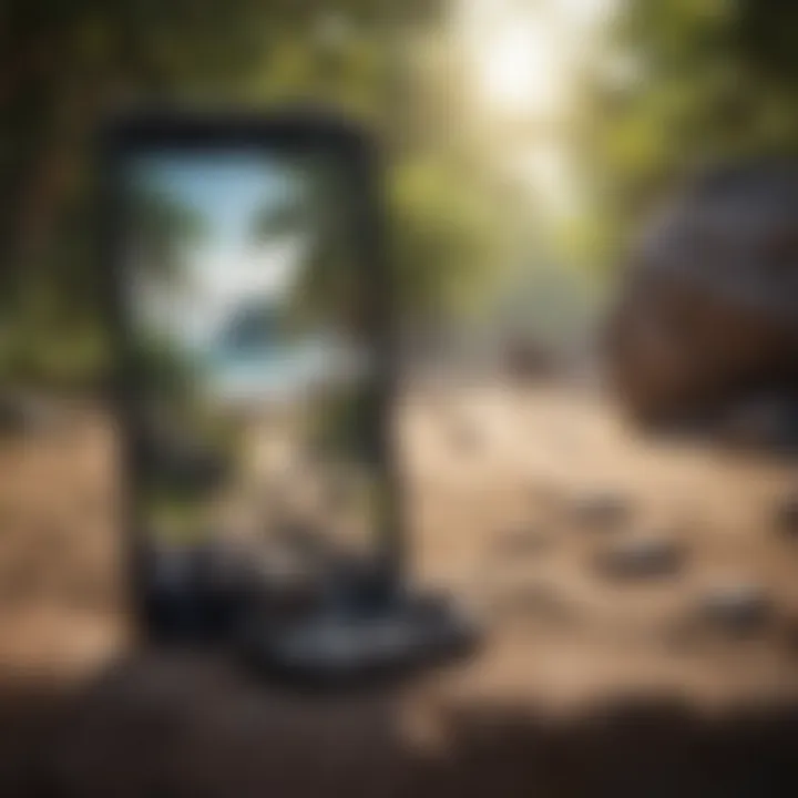 A mobile phone featuring a survival game in a deserted island scenario