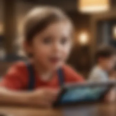 A close-up of a child engaging with a tablet, displaying an enthusiastic expression while playing a learning game.