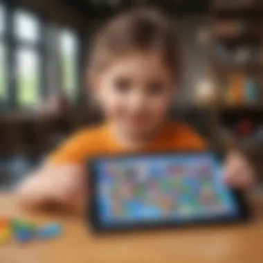 Colorful tablet screen showcasing preschool learning games featuring interactive characters and educational puzzles.