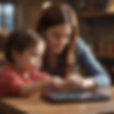 A parent and child collaborating on a tablet game, illustrating the role of parental involvement in preschool education.