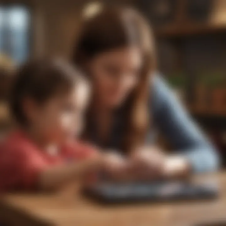 A parent and child collaborating on a tablet game, illustrating the role of parental involvement in preschool education.