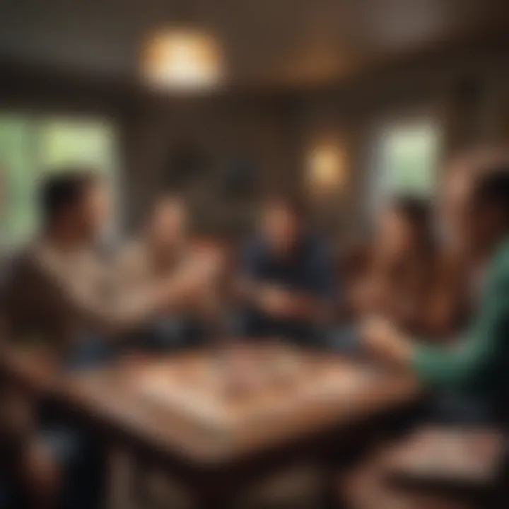 A cozy living room setting with friends gathered around playing a card game, laughter in the air.