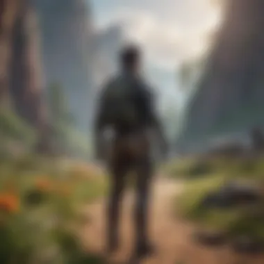 Game Character in Imaginative Landscape Artistic representation of a game character in an imaginative landscape filled with interactive elements.