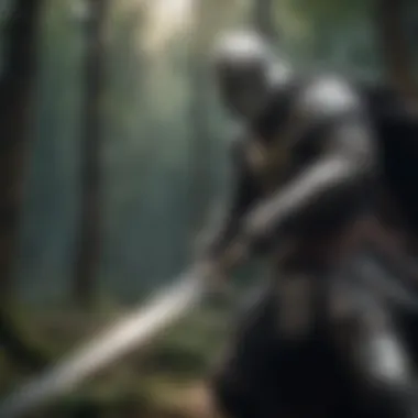 Epic Character Battle A character wielding a sword in an intense battle scenario