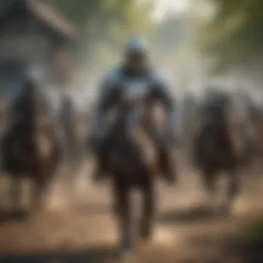 Knight in shining armor leading a charge against a horde of enemies