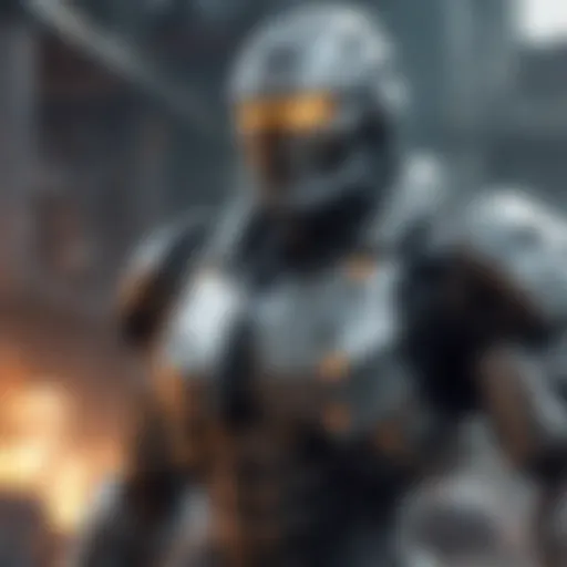 Futuristic cyborg warrior in battlefield