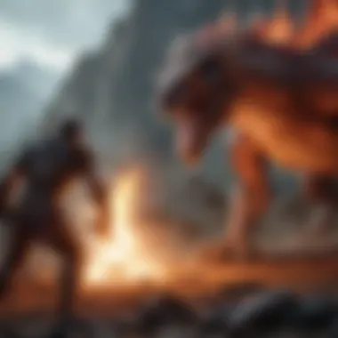 Warrior battling a fierce dragon in a fiery landscape