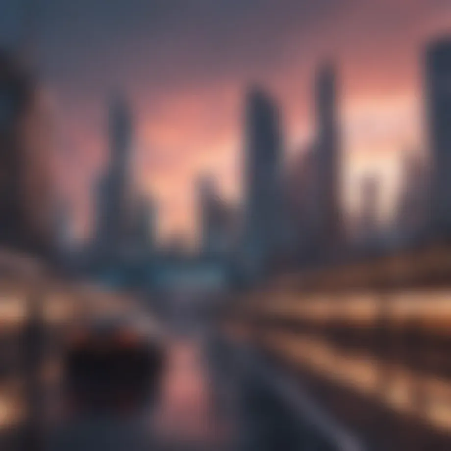 City skyline at dusk with futuristic buildings