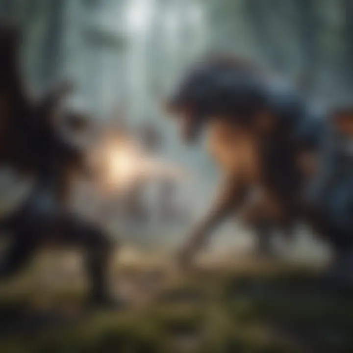 An epic battle scene with mythical creatures