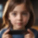 Child engaged in interactive gameplay on iPhone, showcasing learning through fun.