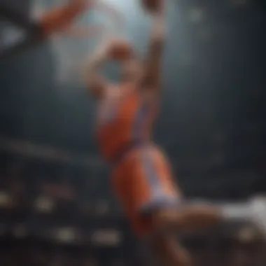 Cartoon-style basketball player making a slam dunk