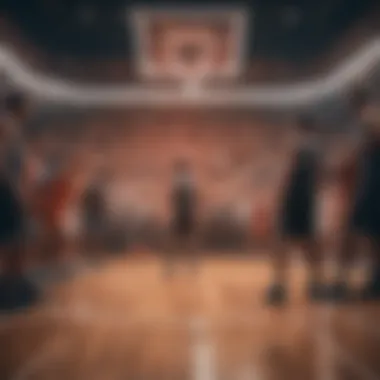 Virtual basketball court with digital crowd cheering