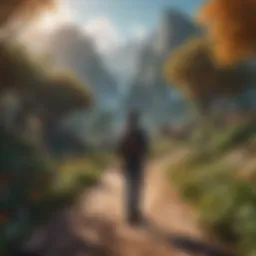 A virtual landscape filled with digital avatars engaging in various activities.