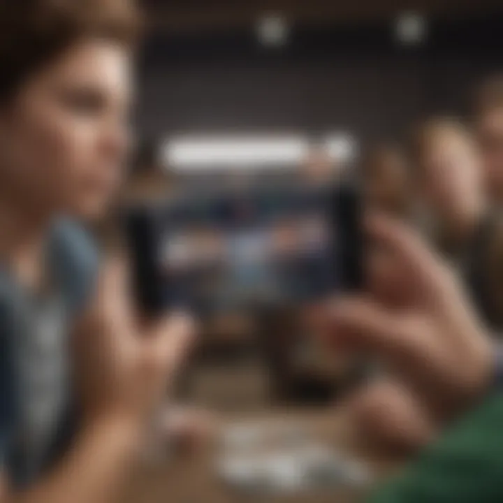A lively scene depicting gamers engaging with Game Pass titles on various mobile devices