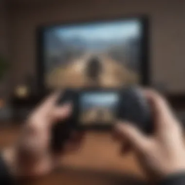 Thrilling Gaming Experience Anywhere Creative artwork depicting the excitement of playing offline games on a handheld console