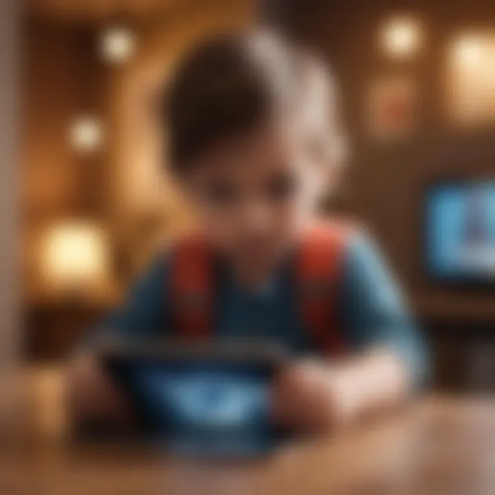 Illustration of a child immersed in a captivating iPad game designed for preschoolers