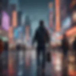 A vibrant scene showcasing a virtual city filled with diverse characters engaging in various activities