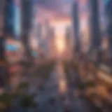 Virtual cityscape in futuristic mobile game