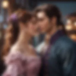 A vibrant illustration showcasing various otome game characters engaging in a romantic scene