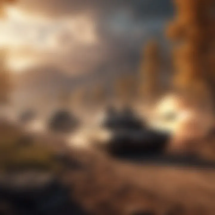 A serene landscape featuring tanks in action