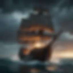 A vivid illustration of a pirate ship sailing through stormy seas