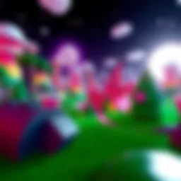A vibrant virtual landscape within Roblox showcasing various game designs