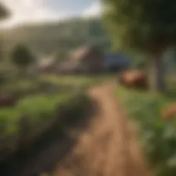 A scenic view of a virtual farm landscape showcasing diverse crops and livestock.