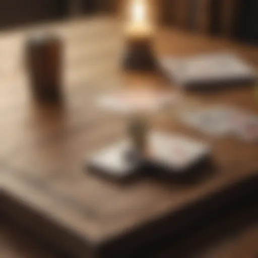 A solitary game of Solitaire set on a vintage wooden table