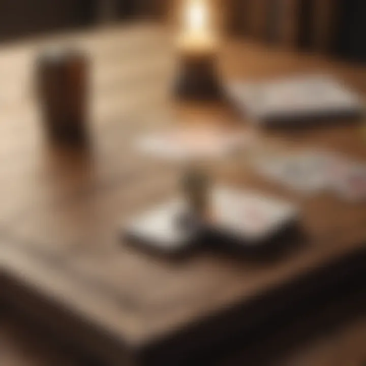 A solitary game of Solitaire set on a vintage wooden table