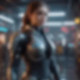 Futuristic mobile game character in digital landscape