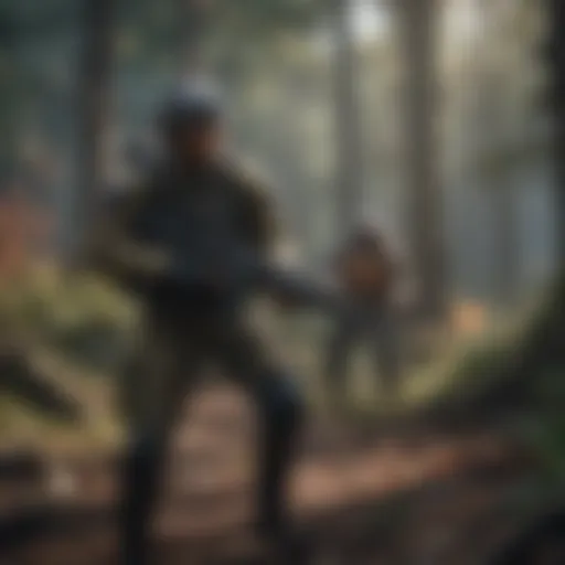 A dynamic gameplay scene from a survival game, showcasing character interactions and environmental challenges.