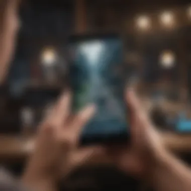 A player analyzing game strategies on a mobile device