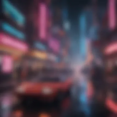 Futuristic neon cityscape with gaming elements