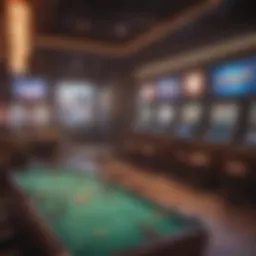 A vibrant depiction of the game center showcasing various activities and interactions among players.