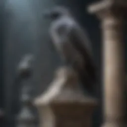 Mystical Grey Raven perched on a crumbling ancient statue