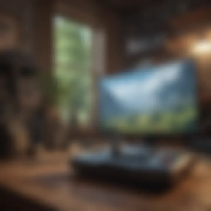 A serene landscape with a gaming console in the foreground