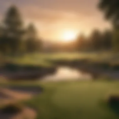 A serene landscape of a golf course at sunset