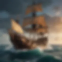 A vibrant illustration of a pirate ship sailing through turbulent seas
