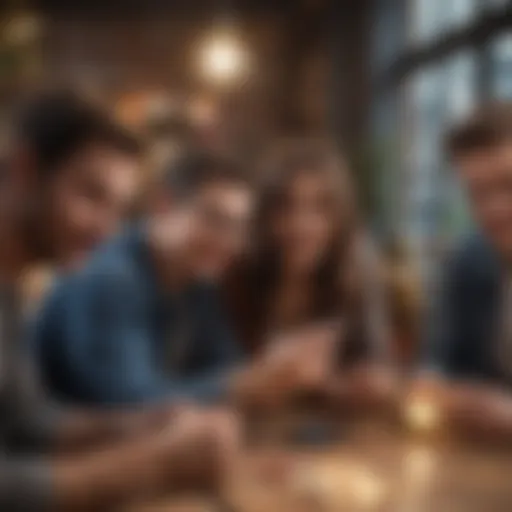 Group of friends engaged in trivia game night on their smartphones