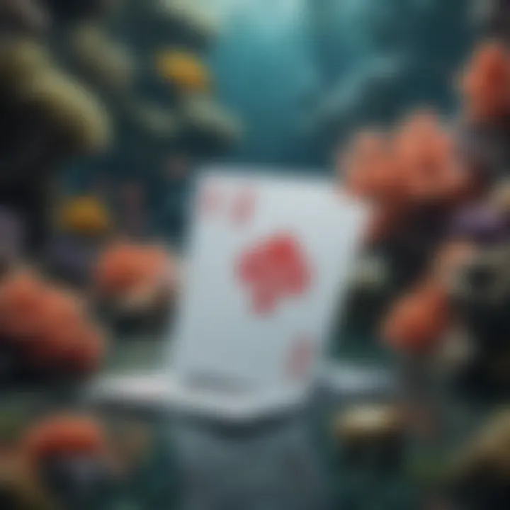 An underwater scene featuring elegant playing cards surrounded by coral reefs and marine life