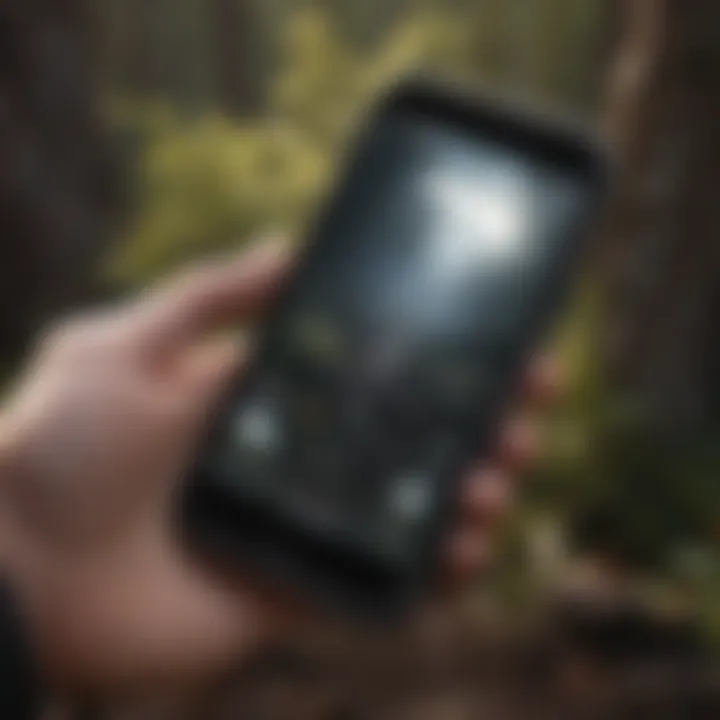 A mobile phone displaying a wilderness survival game setting